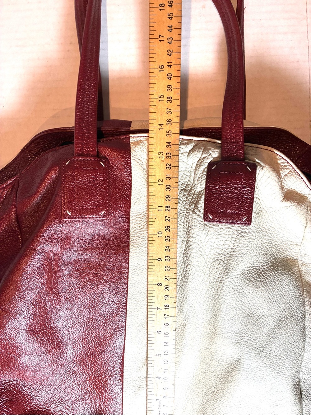 Splendid Large Colorblock Leather Tote Shoulder Bag Burgundy Cream Discontinued - Picture 13 of 15